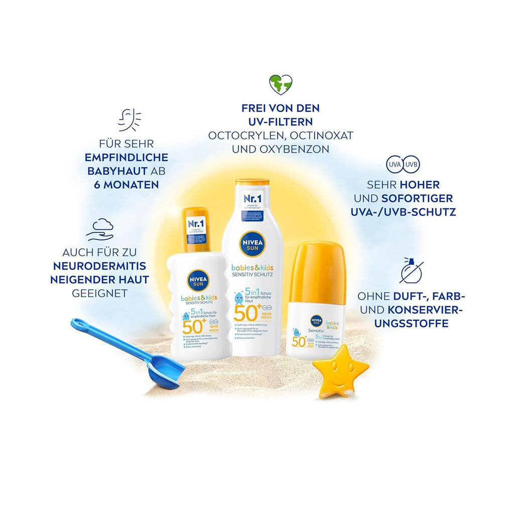 NIVEA SUN Babies & Kids Sensitiv Schutz Sonnenspray LSF 50+ (200 ml), extra wasserfestes Sonnencreme Spray für Kinder, Sonnenmilch als praktisches Spray ohne Parfüm