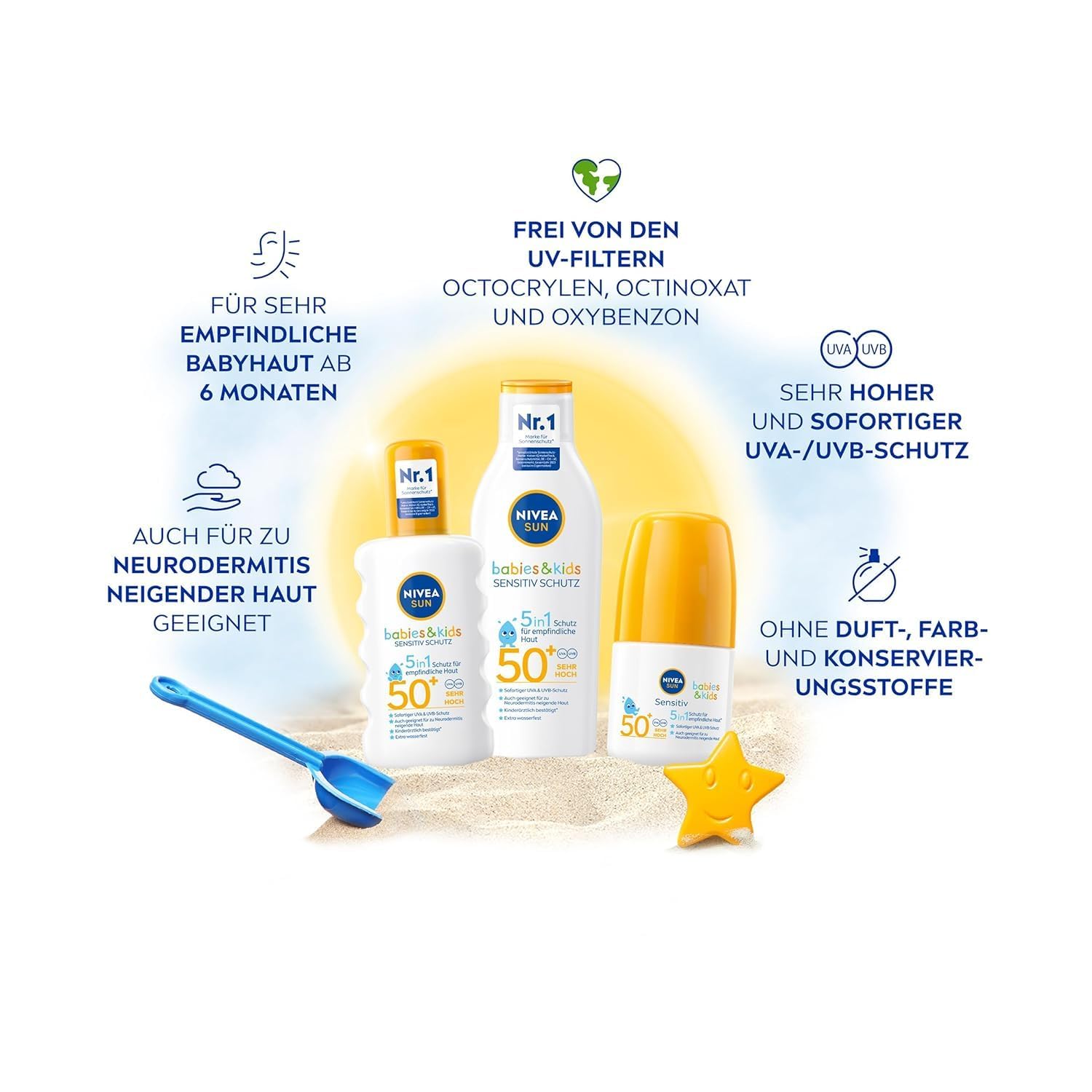 NIVEA SUN Babies & Kids Sensitiv Schutz Sonnenspray LSF 50+ (200 ml), extra wasserfestes Sonnencreme Spray für Kinder, Sonnenmilch als praktisches Spray ohne Parfüm