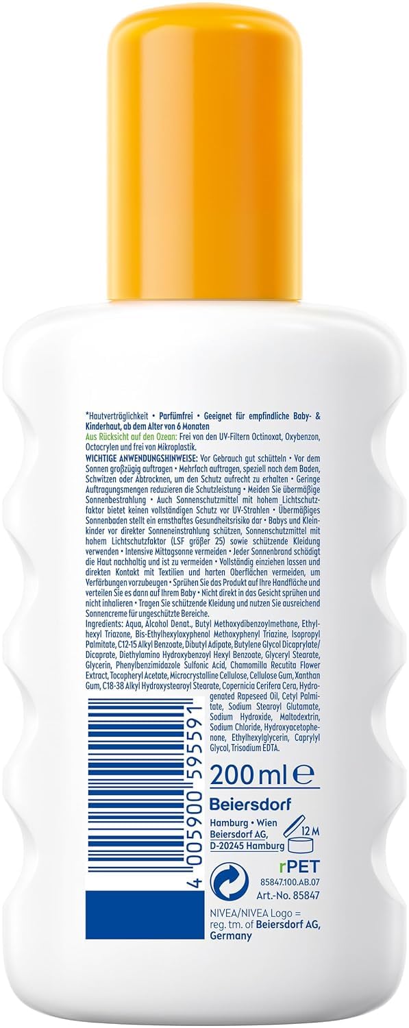 NIVEA SUN Babies & Kids Sensitiv Schutz Sonnenspray LSF 50+ (200 ml), extra wasserfestes Sonnencreme Spray für Kinder, Sonnenmilch als praktisches Spray ohne Parfüm