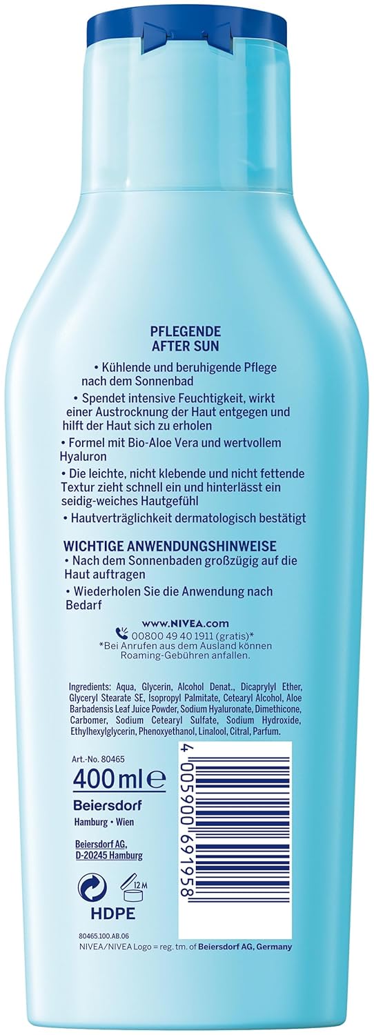 NIVEA SUN Pflegende After Sun Lotion (400 ml), Körperlotion mit hautberuhigender Wirkung nach dem Sonnenbad, After Sun mit Bio-Aloe Vera und Hyaluron für 48h Feuchtigkeit