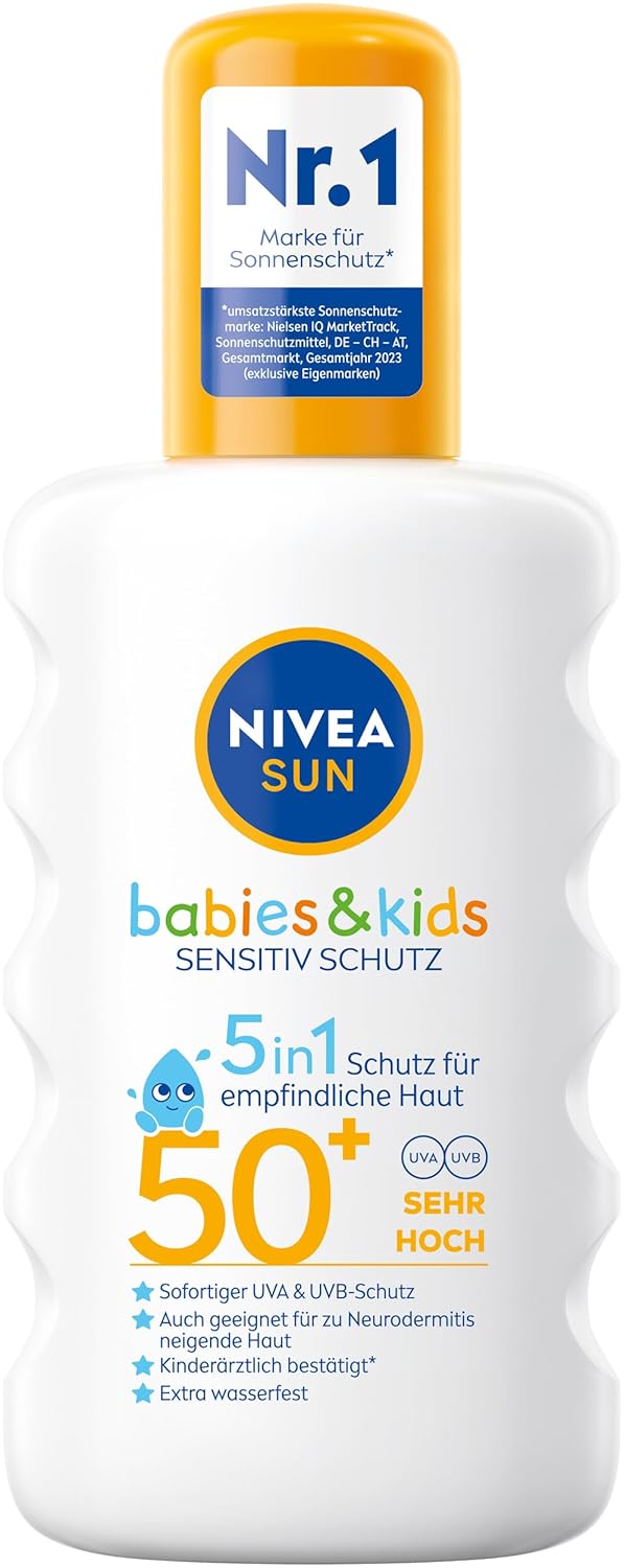 NIVEA SUN Babies & Kids Sensitiv Schutz Sonnenspray LSF 50+ (200 ml), extra wasserfestes Sonnencreme Spray für Kinder, Sonnenmilch als praktisches Spray ohne Parfüm