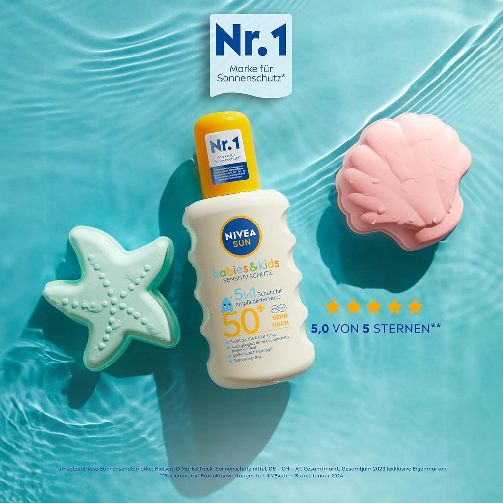 NIVEA SUN Babies & Kids Sensitiv Schutz Sonnenspray LSF 50+ (200 ml), extra wasserfestes Sonnencreme Spray für Kinder, Sonnenmilch als praktisches Spray ohne Parfüm