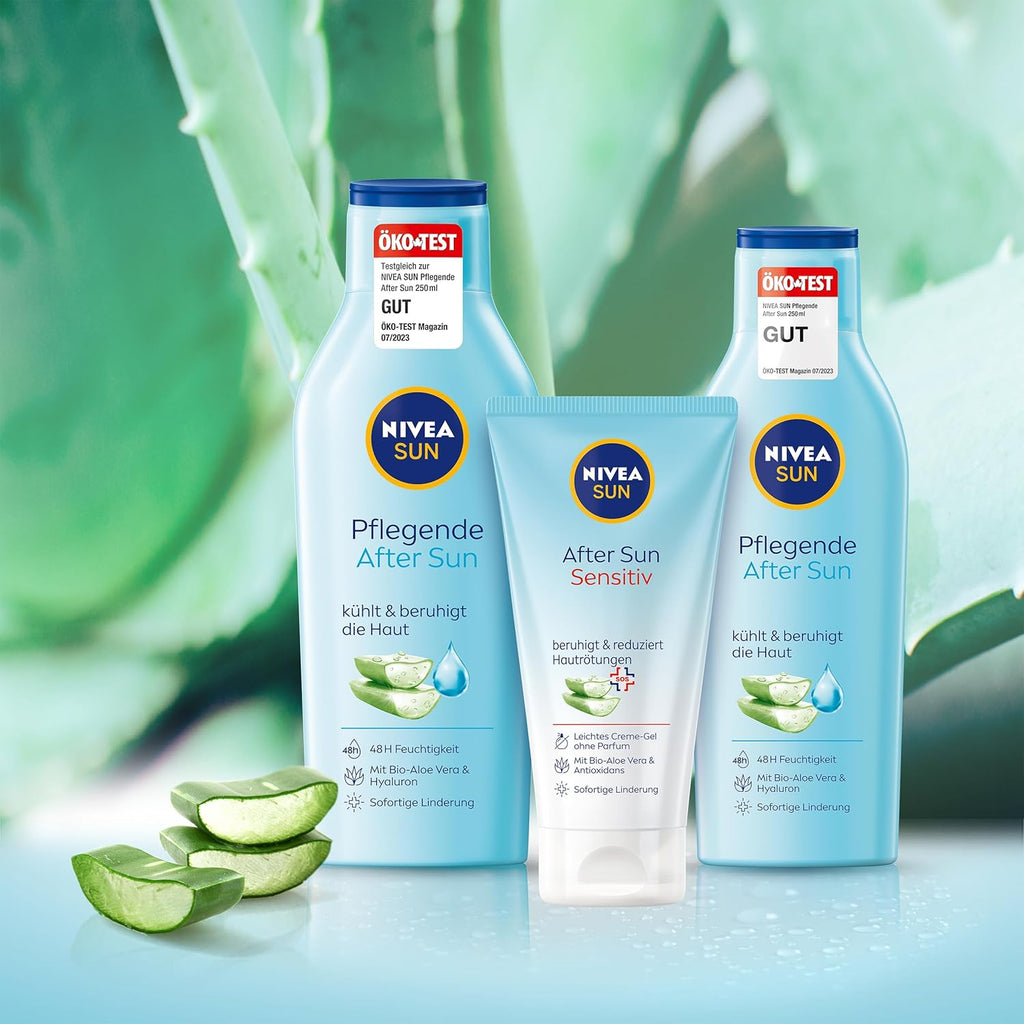 NIVEA SUN Pflegende After Sun Lotion (400 ml), Körperlotion mit hautberuhigender Wirkung nach dem Sonnenbad, After Sun mit Bio-Aloe Vera und Hyaluron für 48h Feuchtigkeit